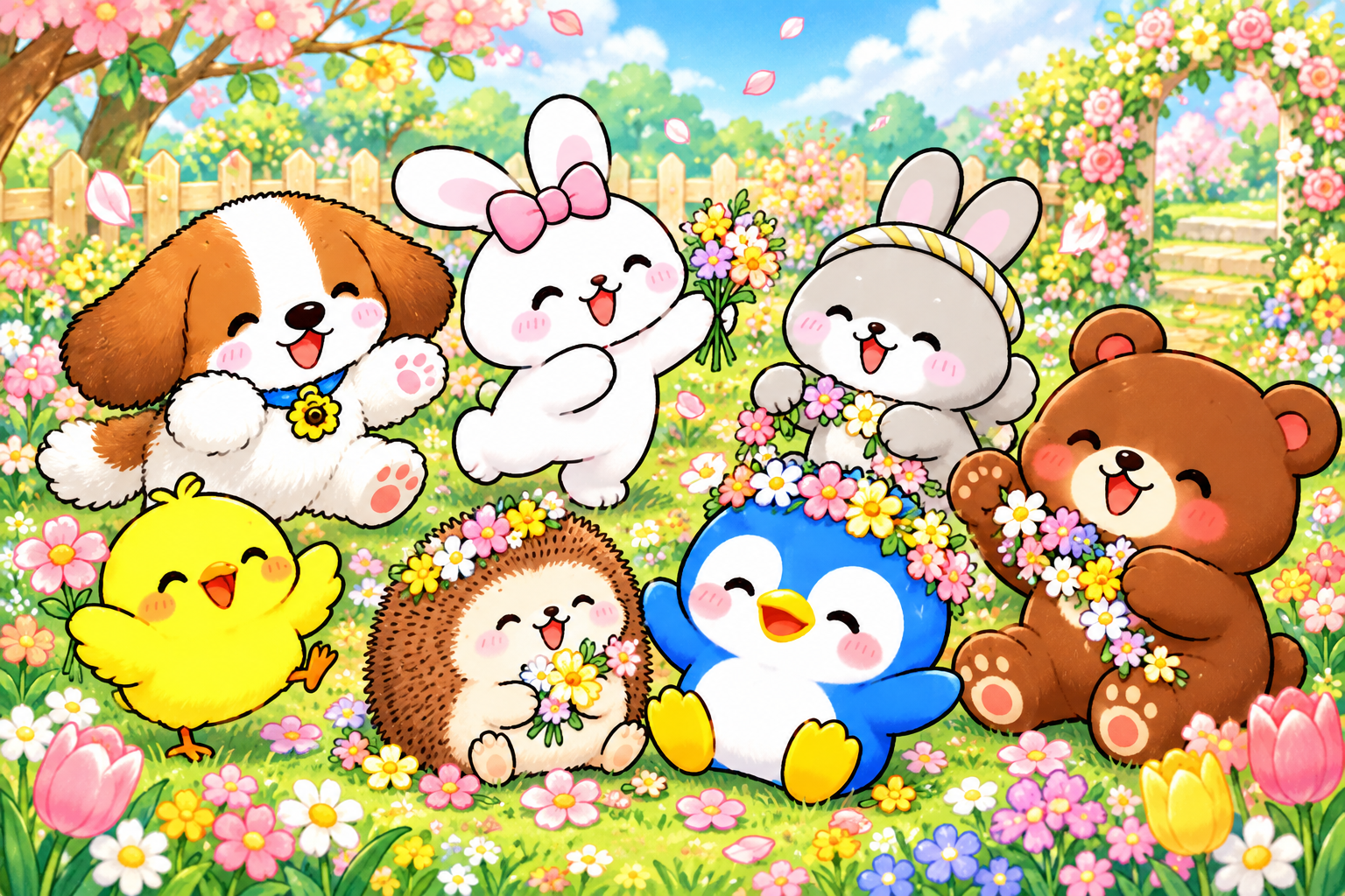花いっぱいの庭で仲良く遊ぶウータンミユの7人の仲間たち
